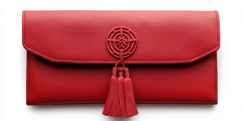  stylish red wallet featuring a decorative emblem and tassel detail, perfect for organizing essentials in a chic manner.
