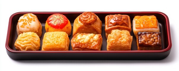  colorful assortment of bite-sized pastries elegantly arranged in a black tray, showcasing a variety of textures and flavors.