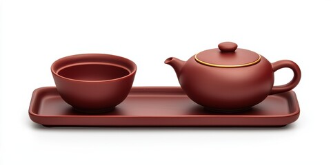 simple, elegant tea set featuring a teapot and bowl on a tray, showcasing a rich, reddish-brown color and smooth, minimalist design.