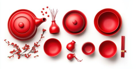 top-down view of elegant red ceramic tea sets and decorations, showcasing a harmonious arrangement of traditional Chinese tea culture.