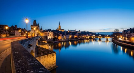 Obraz premium European riverside city with strong water reflections