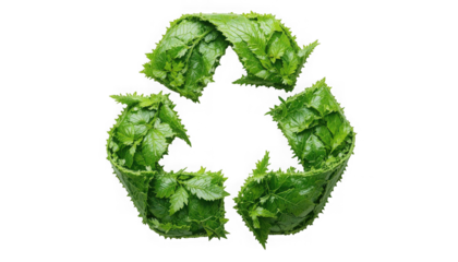 Symbol of ecological responsibility and sustainable future is created entirely from vibrant green leaves forming the universal recycling loop on transparent background