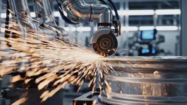 Robotic arm grinding metal parts in an industrial factory setting with sparks flying
