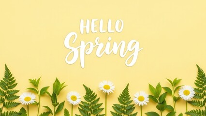 A minimalist, cheerful yellow flat lay composition announces "hello spring" with a fresh border of daisies and green ferns.
