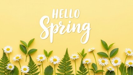 Cheerful "hello spring" typography sits above a border of fresh daisies and green leaves in this bright yellow flat lay design.