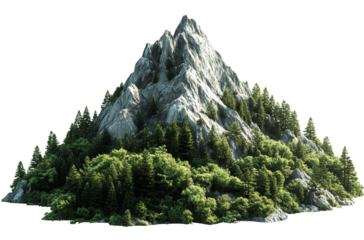 Majestic mountain peak with dense green forest and pine trees isolated on transparent background