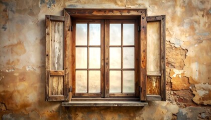 Fototapeta premium Rustic Charm Open Window with Weathered Frame and Wall Tranquil Light Entering Architecture Detail.