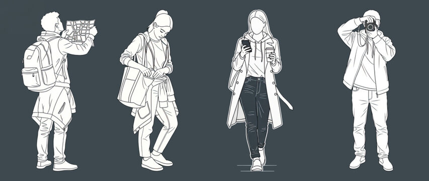 Flat CAD line art urban winter people set. Men and women travelling, shopping, working for architecture entourage and planning visuals.