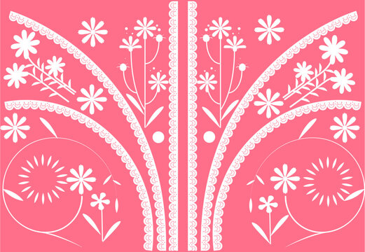 Symmetrical background material with white paper-cut style flowers and lace patterns on a pink background