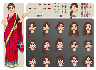 Traditional Indian Female Character in Red Saree 2D Vector, Multiple Hairstyle Eye and Mouth Expressions for Lip Sync, Standing Pointing Action Pose, Editable Animation Character Design Set