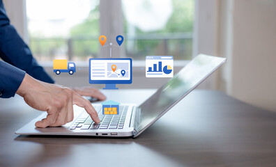 Digital logistics workflow showing supply chain tracking, location data, and performance analytics. Concept for transportation management, inventory visibility, and operational efficiency.