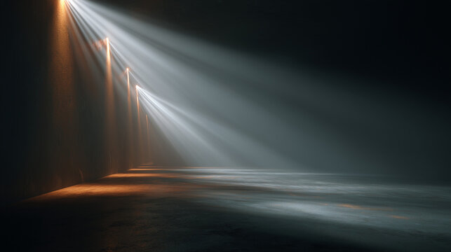 Dramatic beams of light in a dark, minimalist interior. Cinematic scene with powerful beams of light. Mysterious atmospheric setting with shadows and textures. Dramatic background.