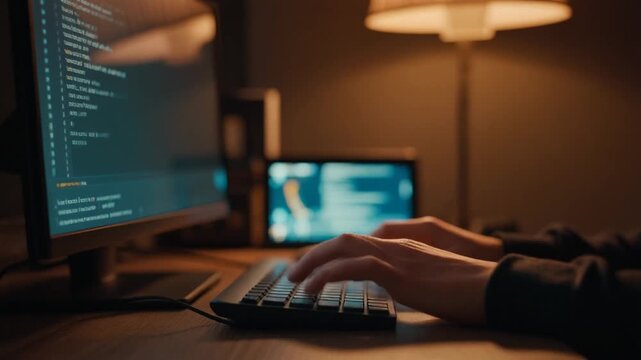 Person typing on computer keyboard in a dimly lit room with multiple screens.