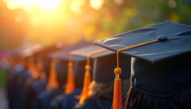 Graduates lined up at golden hour caps and gowns ready for commencement ceremony success.