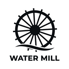 Water mill wheel logo with wave design element and text icon © JAWADUL