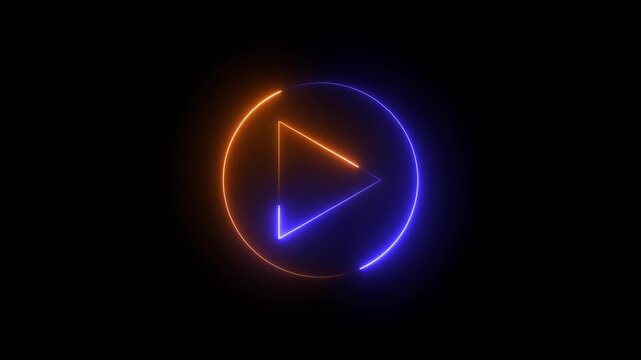 Glowing neon play button icon animation with circle on black background. Start button icon. 4k video