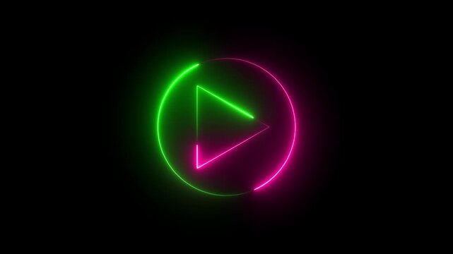 Glowing neon play button icon animation with circle on black background. Start button icon. 4k video