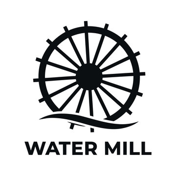 Water mill wheel logo with wave design element and text icon