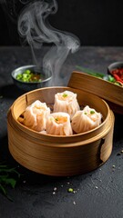 Steaming dumplings in a bamboo steamer with garnishes on dark backdrop