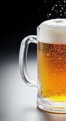 A frosty glass mug filled with bright, golden craft ale, featuring condensation and a robust layer of foam, emphasizing cold, bubbly refreshment, craft, ale, yeast