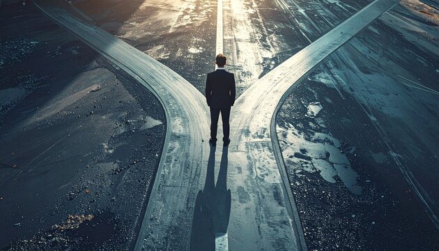 Businessman at Crossroads Choosing Between Two Paths