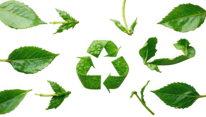 Vibrant green natural leaves arranged artistically surrounding a central recycling symbol made from textured foliage on transparent background
