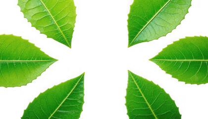 Six vibrant green serrated tea leaves arranged radially creating a circular negative space border design on transparent background