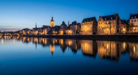 Obraz premium Cinematic wide shot of historic European city along a river