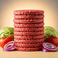 A towering stack of freshly prepared ground beef patties ready for grilling, showcasing raw ingredients for delicious burgers, grilling, uncooked, cooking
