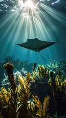 Underwater scene. A ray swims below sun rays. Kelp is visible