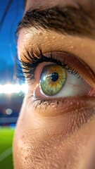 Extreme close-up of a human eye with vibrant colors and stadium background