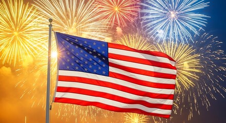 American flag waving proudly with vibrant fireworks exploding in the background on a celebratory night