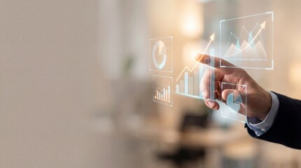 Interactive business insights closeup hand engaging with data visualizations in modern office environment