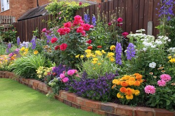 Naklejka premium Colorful flowerbed bursting with blooms next to a wooden fence