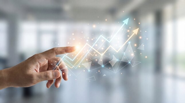 Hand interacting with data visualization modern office digital content bright environment close-up view technology concept - Powered by Adobe