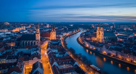 Obraz premium Aerial drone view of historic European riverside city