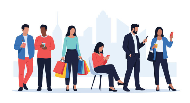 Group of diverse people standing in a city street with shopping bags and smartphones against a soft urban skyline background.
