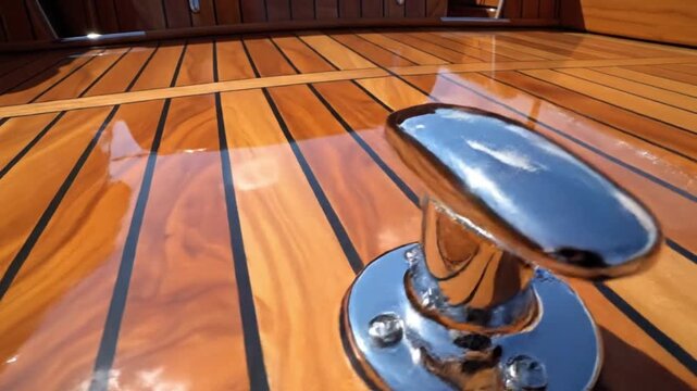 A chrome cleat on a polished wooden boat deck with glossy finish and sleek design