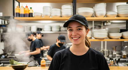 Smiling young woman in a black t-shirt and cap, fronting a busy ramen restaurant kitchen with chefs working behind her.
