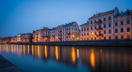 Obraz premium Low angle view from riverbank of European old town buildings