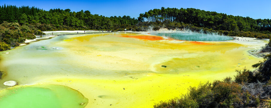 Panorama of multi-coloured geothermal Artist's Palette and Champagne Pool
