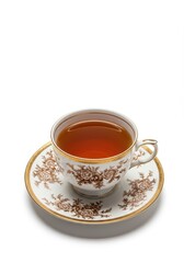 Fototapeta premium Elegant vintage porcelain teacup filled with hot amber tea, isolated on a stark white background, showcasing sophisticated antique charm, liquid, hot drink, patterned