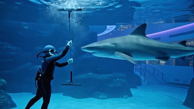 Professional scuba diver cleaning aquarium glass with squeegee while large shark swims closely by in shopping mall oceanarium tank