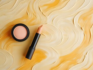 Makeup products on textured background