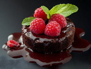 Rich chocolate cake with fresh raspberries and mint