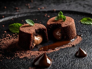 Rich chocolate dessert with mint garnish
