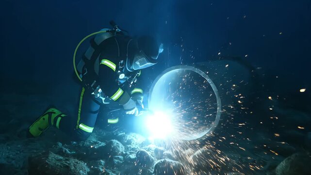 Industrial commercial diver performing underwater welding on seabed pipeline with bright sparks and bubbles in murky deep blue ocean