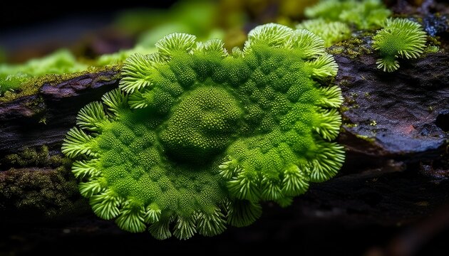 Macro Close Up Of Vibrant Green Cup Lichen Cladonia With Intricate Details And Textures On Dark Rock