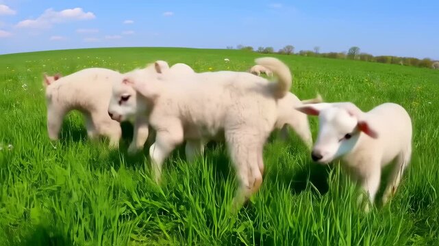 Delightful lambs graze playfully on verdant pasture under the bright sunlight