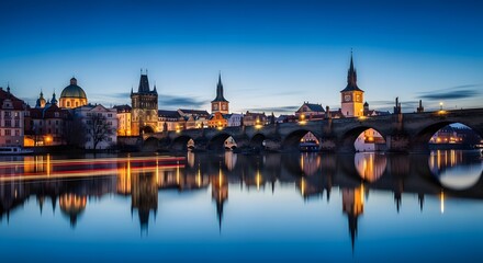 Fototapeta premium Historic European city at night beside a river